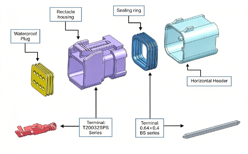 Exploded view of HRB 2.0mm cost-effective type dual‑row wire‑to‑board waterproof connector, housing, silicone seals, pcb header and crimp terminals نمای انفجاری کانکتور ضدآب دو ردیفه سیم به برد HRB 2.0 میلی متری مقرون به صرفه، محفظه، مهر و موم سیلیکونی، هدر PCB و پایانه های چین دار