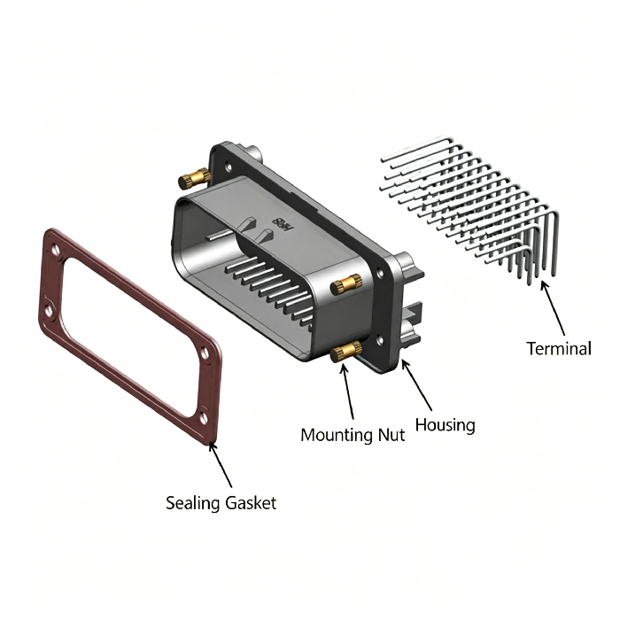 Exploded view of HRB M4021R series right angle PCB board waterproof connector نمای انفجاری کانکتور ضد آب برد PCB با زاویه راست سری HRB M4021R