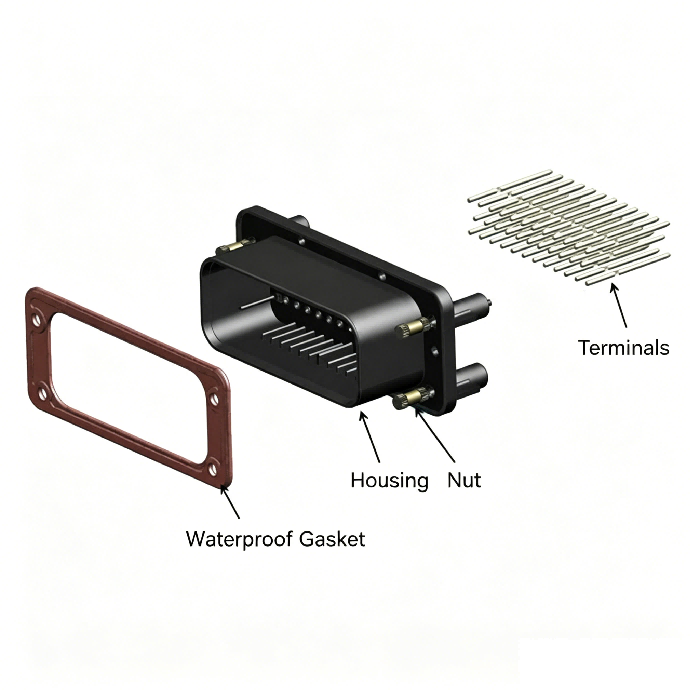 Exploded view of HRB M4021 series vertical PCB board waterproof connector نمای انفجاری کانکتور ضد آب برد PCB عمودی سری HRB M4021