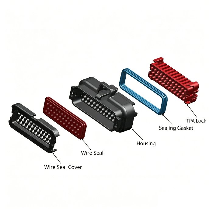 Exploded view of HRB M4022 series IP69K receptacle waterproof connector نمای انفجاری کانکتور ضد آب کانکتور HRB M4022 سری IP69K