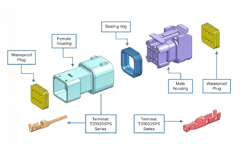 Exploded view of HRB 2.0mm cost-effective type wire‑to‑wire waterproof connector, male & female housing, silicone seals and crimp terminals نمای منفجر شده کانکتور ضد آب سیم به سیم از نوع مقرون به صرفه HRB 2.0 میلی متری، محفظه نر و ماده، مهر و موم سیلیکونی و پایانه های چین دار