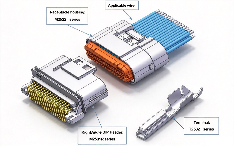 2.5mm Pitch Wire To Board Waterproof Connectors Part Name and Part Number, HRB M2532 series connector exploded view سیم پیچ 2.5 میلی متری به برد اتصال دهنده های ضد آب نام قطعه و شماره قطعه، کانکتور سری HRB M2532 نمای انفجاری